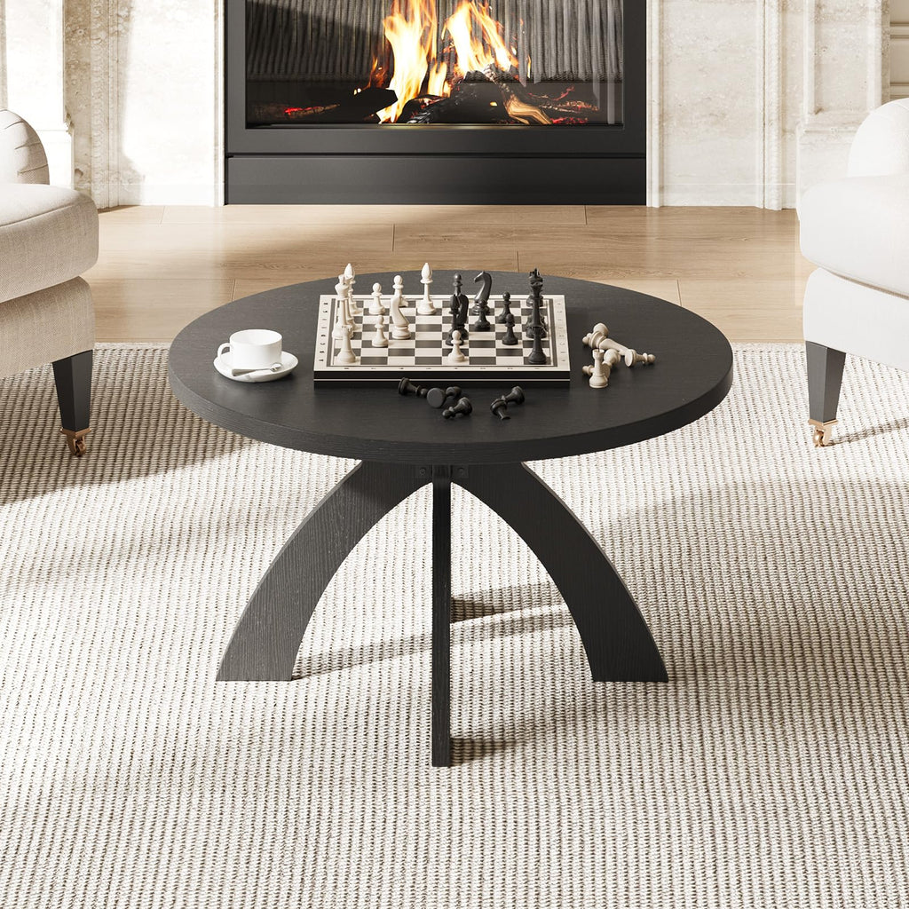 31.5" Round Wood Coffee Table with Cross Legs, Black B616257