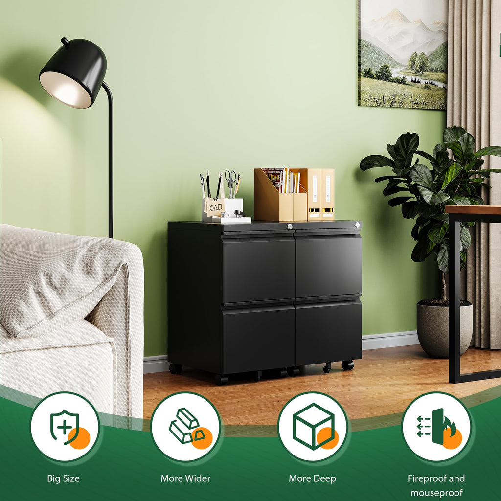 2 Drawer Black Metal Mobile File Cabinet with Lock E9862