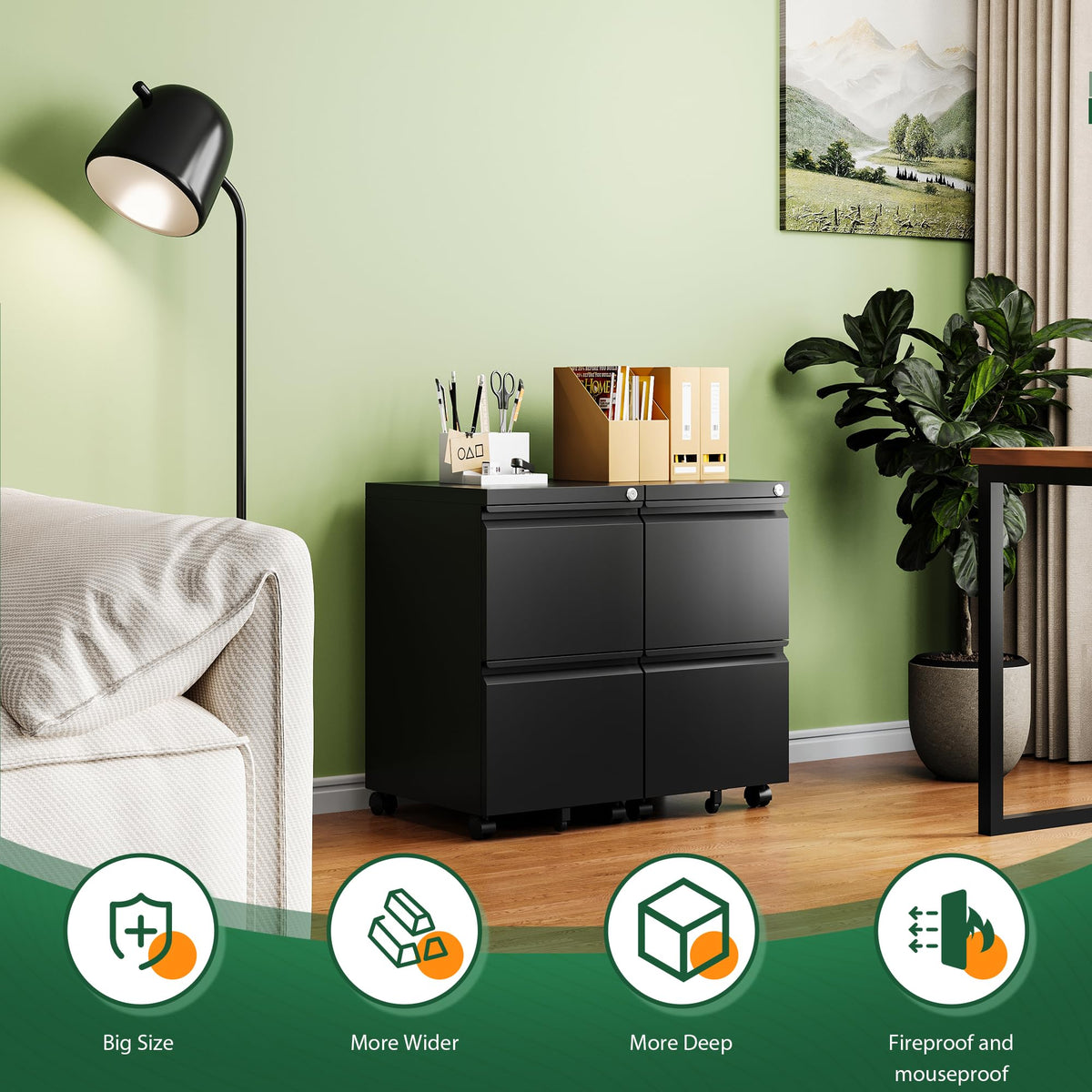 2 Drawer Black Metal Mobile File Cabinet with Lock E9862