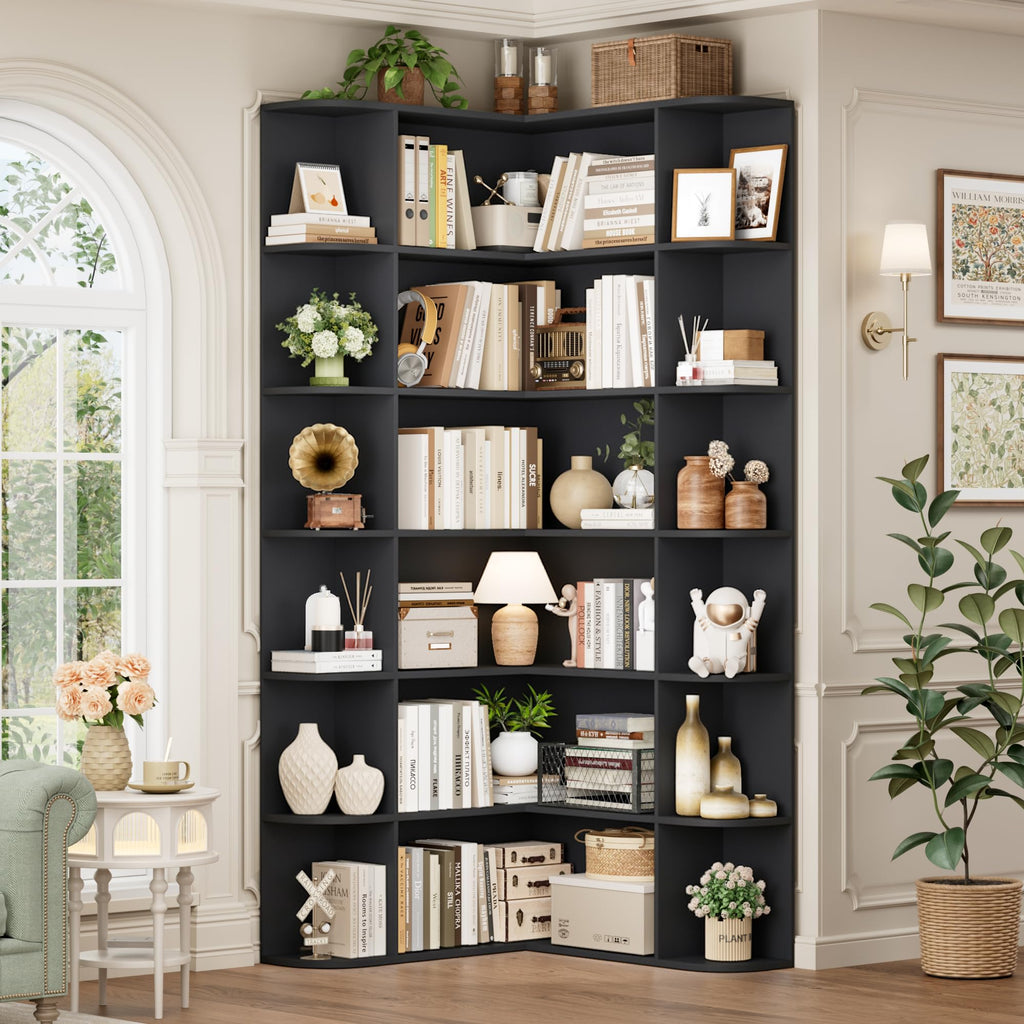 72" Tall 6-Tier Black Corner Bookshelf O3075