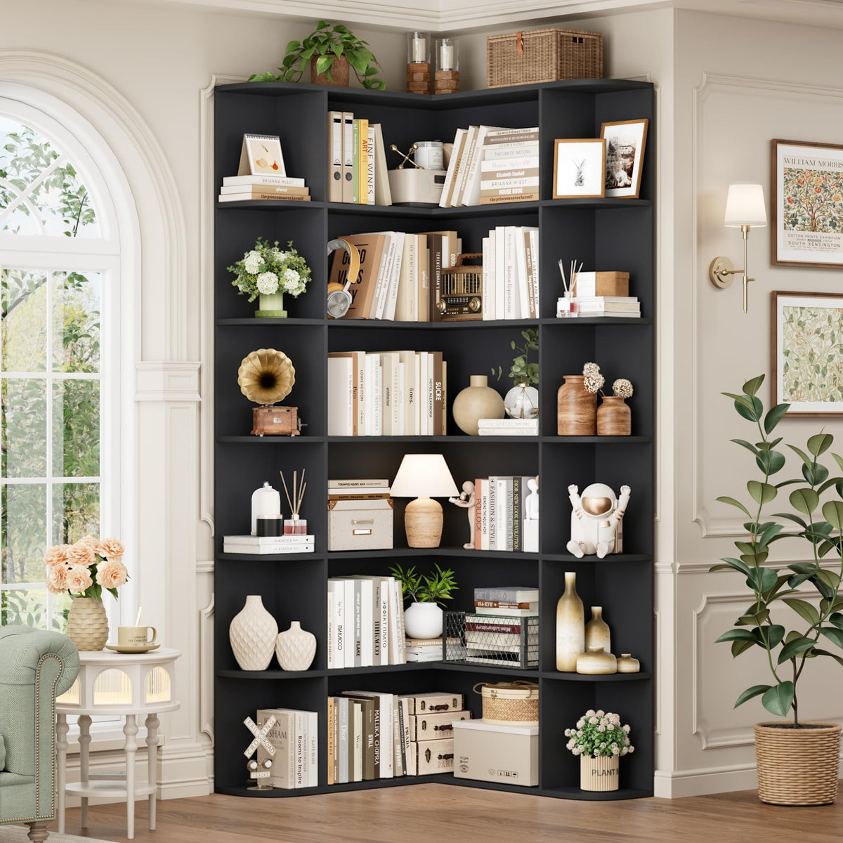 72" Tall 6-Tier Black Corner Bookshelf O3075