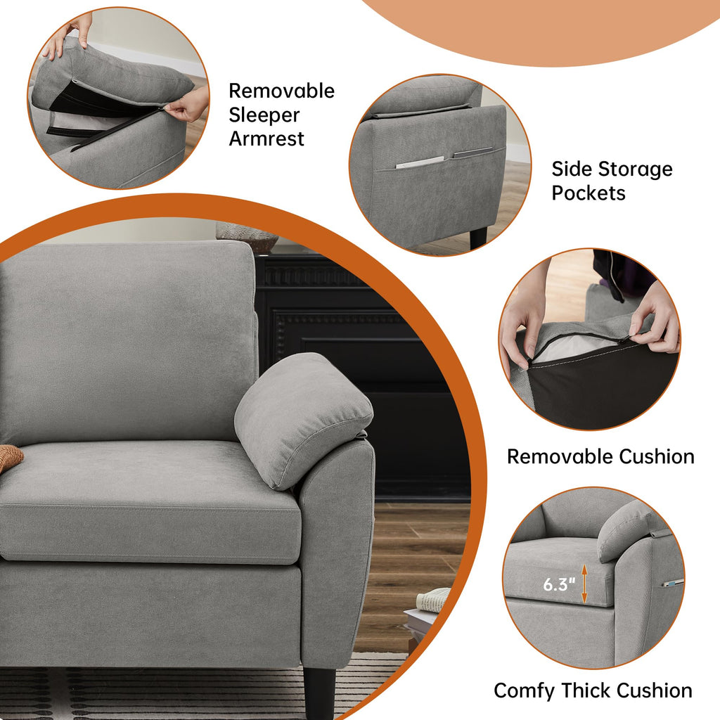 Light Grey Linen Loveseat Sofa with Side Pocket W638591