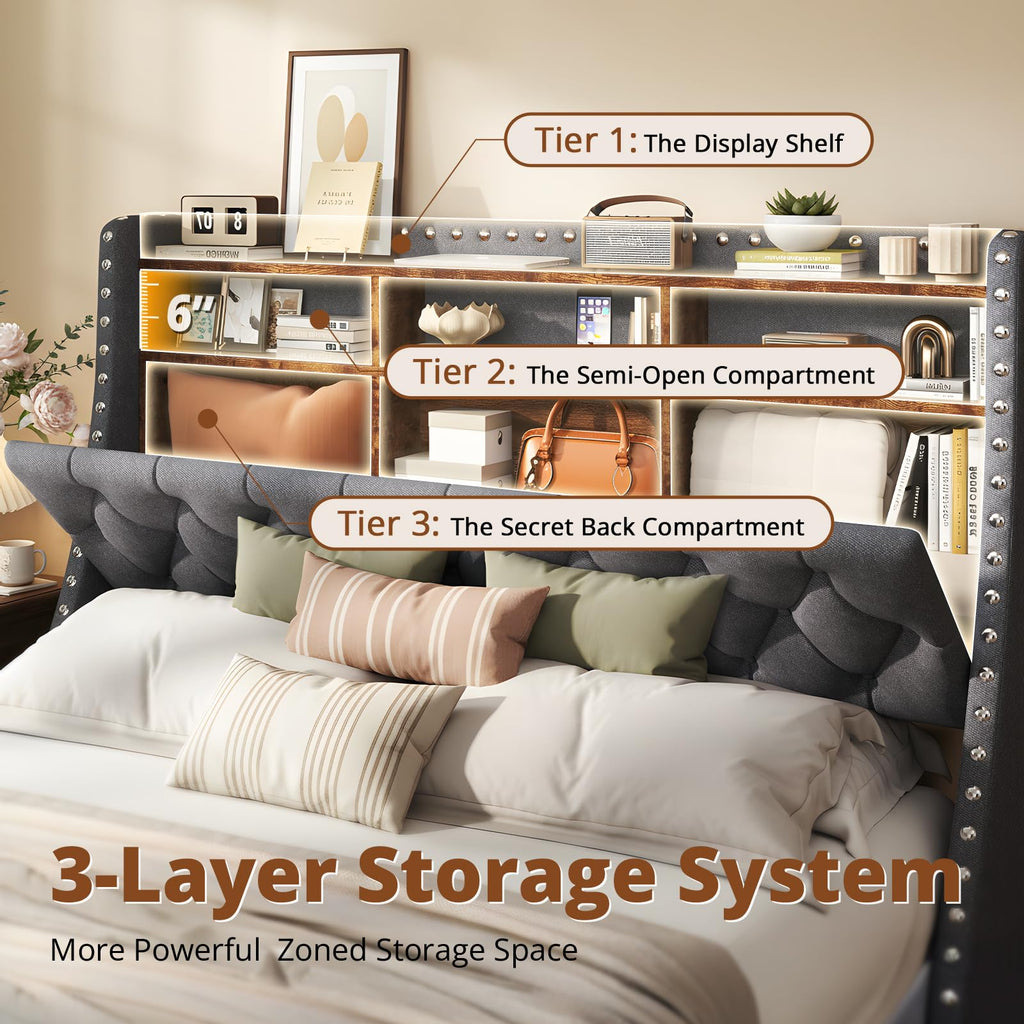 1000LBs Full Bed Frame with Hidden Storage, 2 Drawers and Charging Station E8283