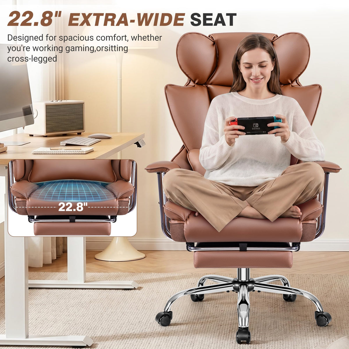 Big and Tall Leather Office Chair with Footrest I56948