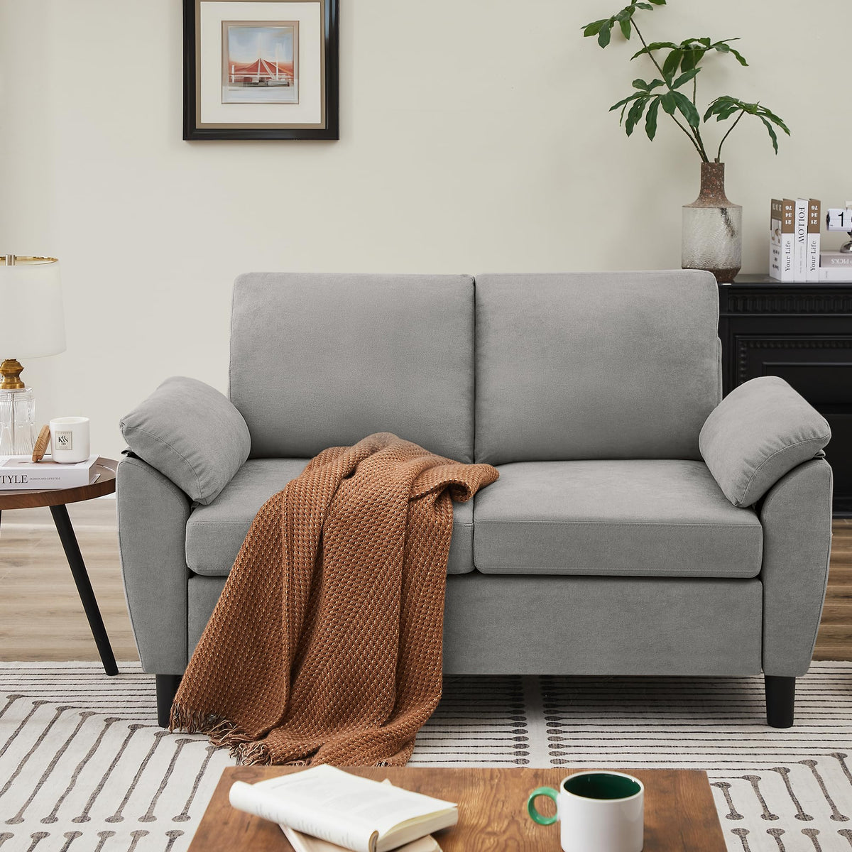 Light Grey Linen Loveseat Sofa with Side Pocket W638591