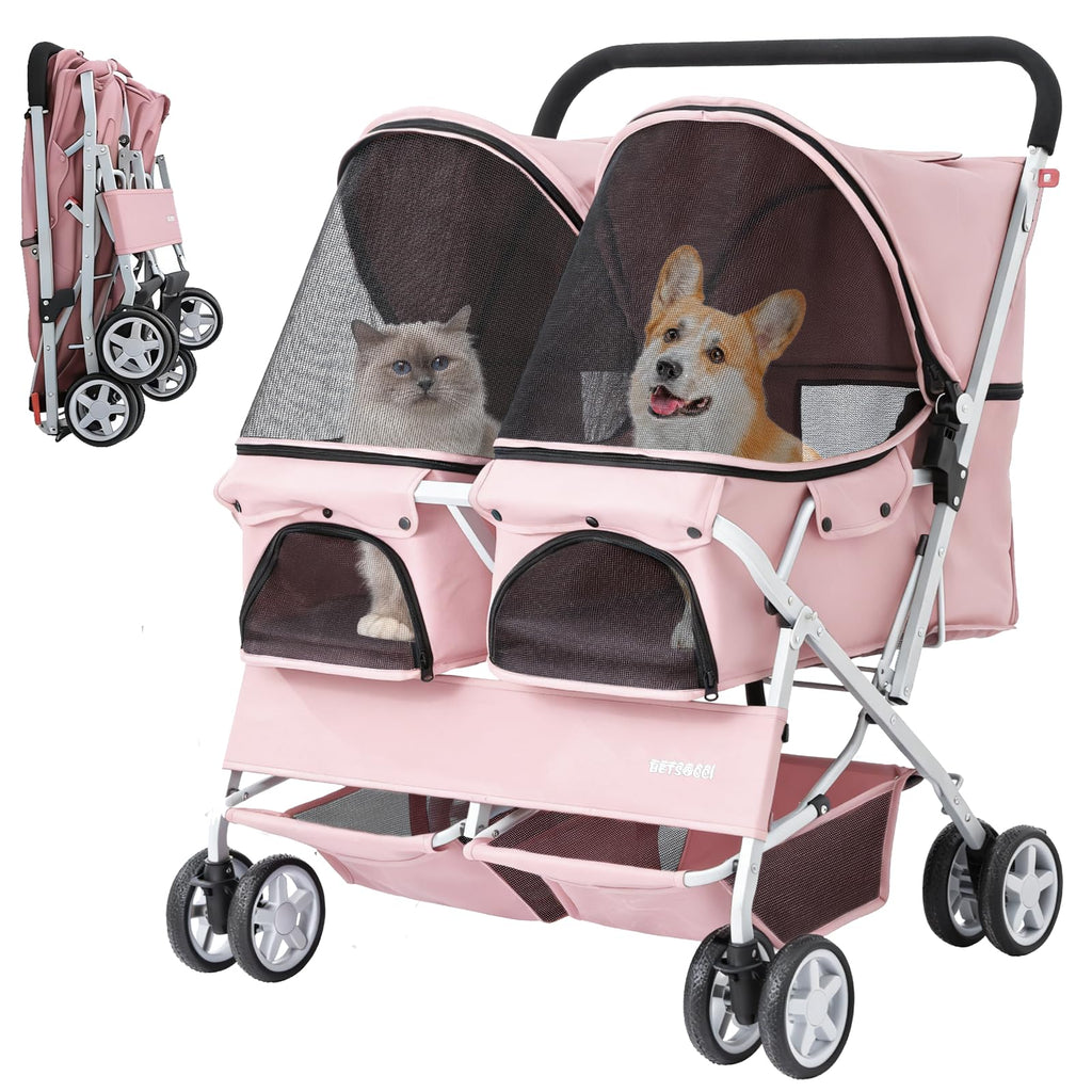 Double Pet Stroller for 2 Small Dogs & Cats, Side-by-Side Twin Travel Carriage with Safety Leashes, Mesh Windows & Double Storage Baskets, Lightweight & Foldable, 44lbs Capacity, Pink G657135