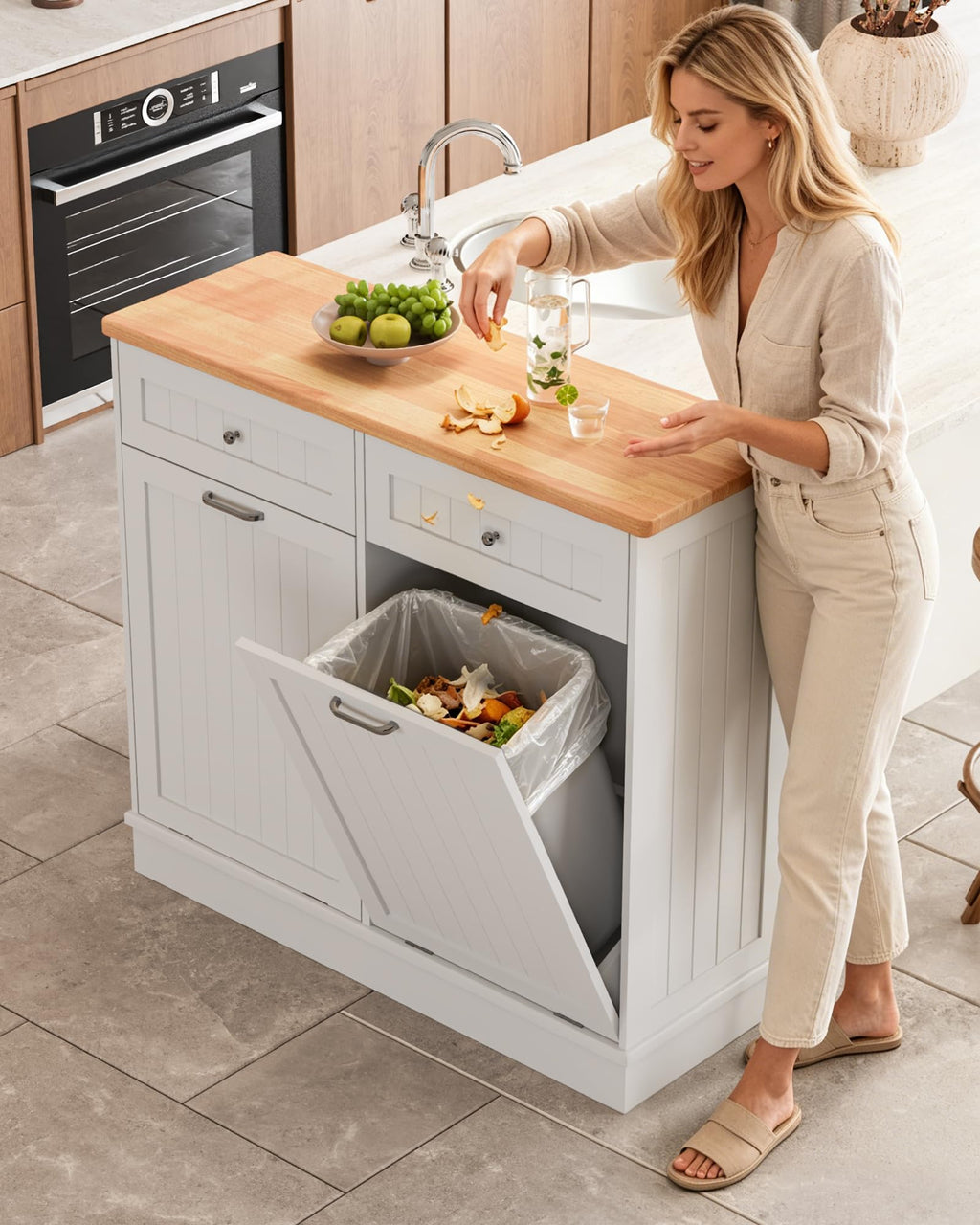 2 x 10 Gallon White Tilt Out Trash Cabinet with 2 Storage Drawer E6010