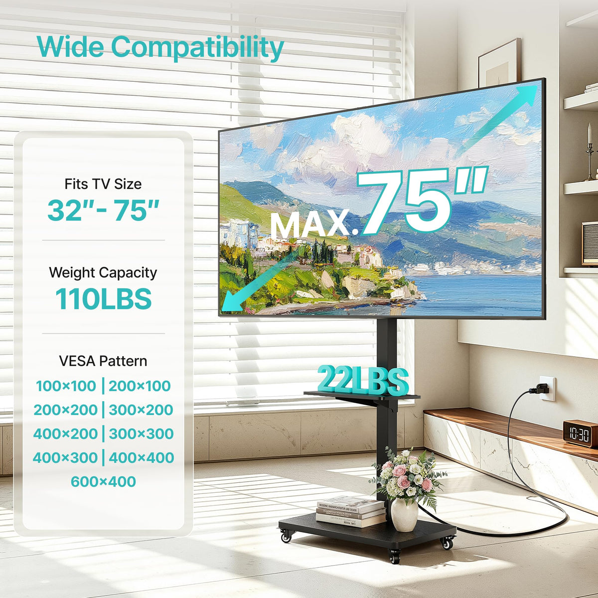 Rolling TV Stand with Power Outlet for 32-75 Inch TVs U2577