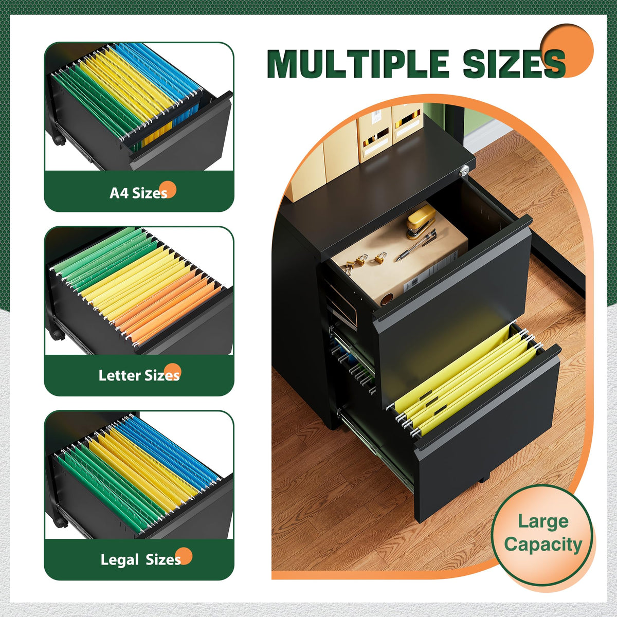 2 Drawer Black Metal Mobile File Cabinet with Lock E9862