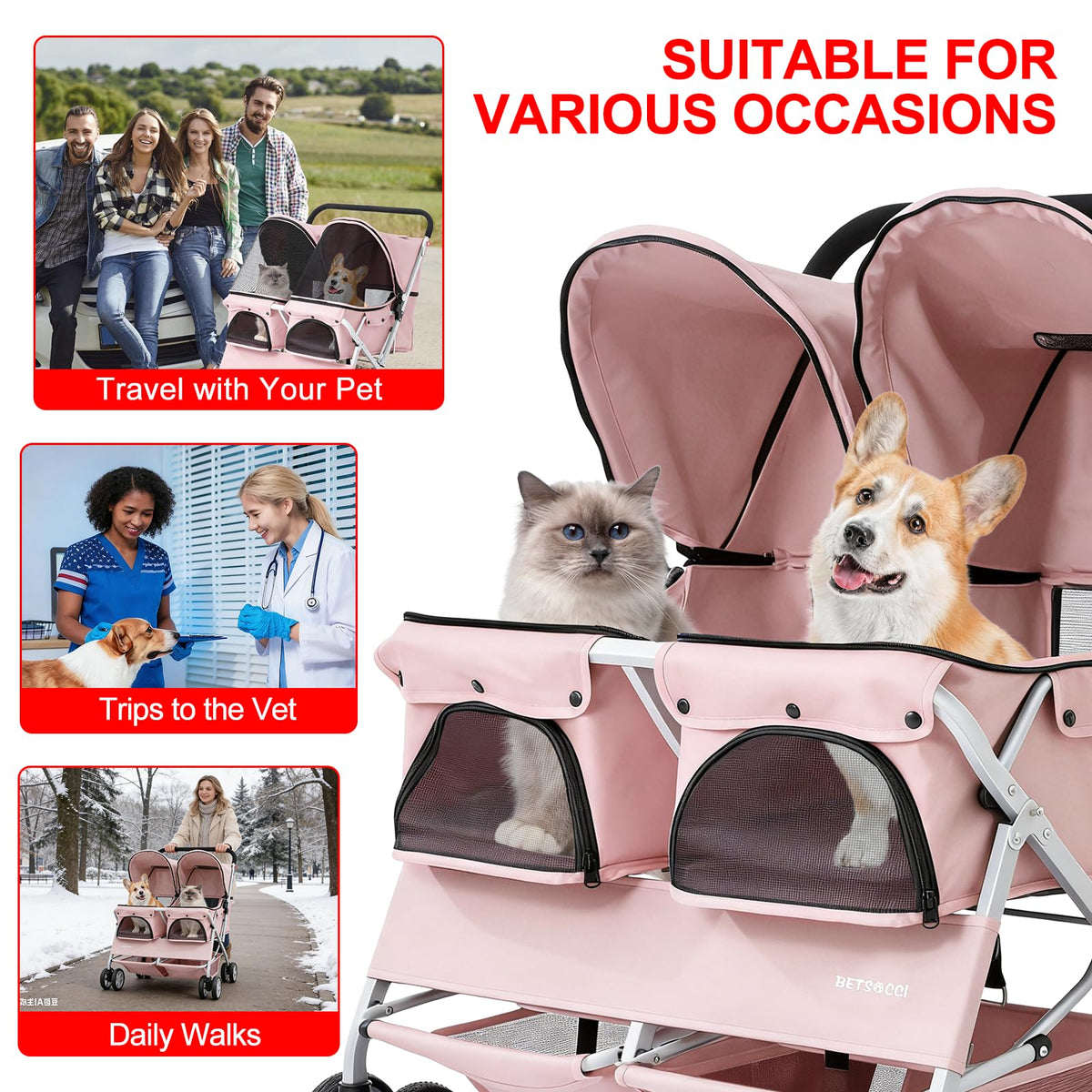 Double Pet Stroller for 2 Small Dogs & Cats, Side-by-Side Twin Travel Carriage with Safety Leashes, Mesh Windows & Double Storage Baskets, Lightweight & Foldable, 44lbs Capacity, Pink G657135