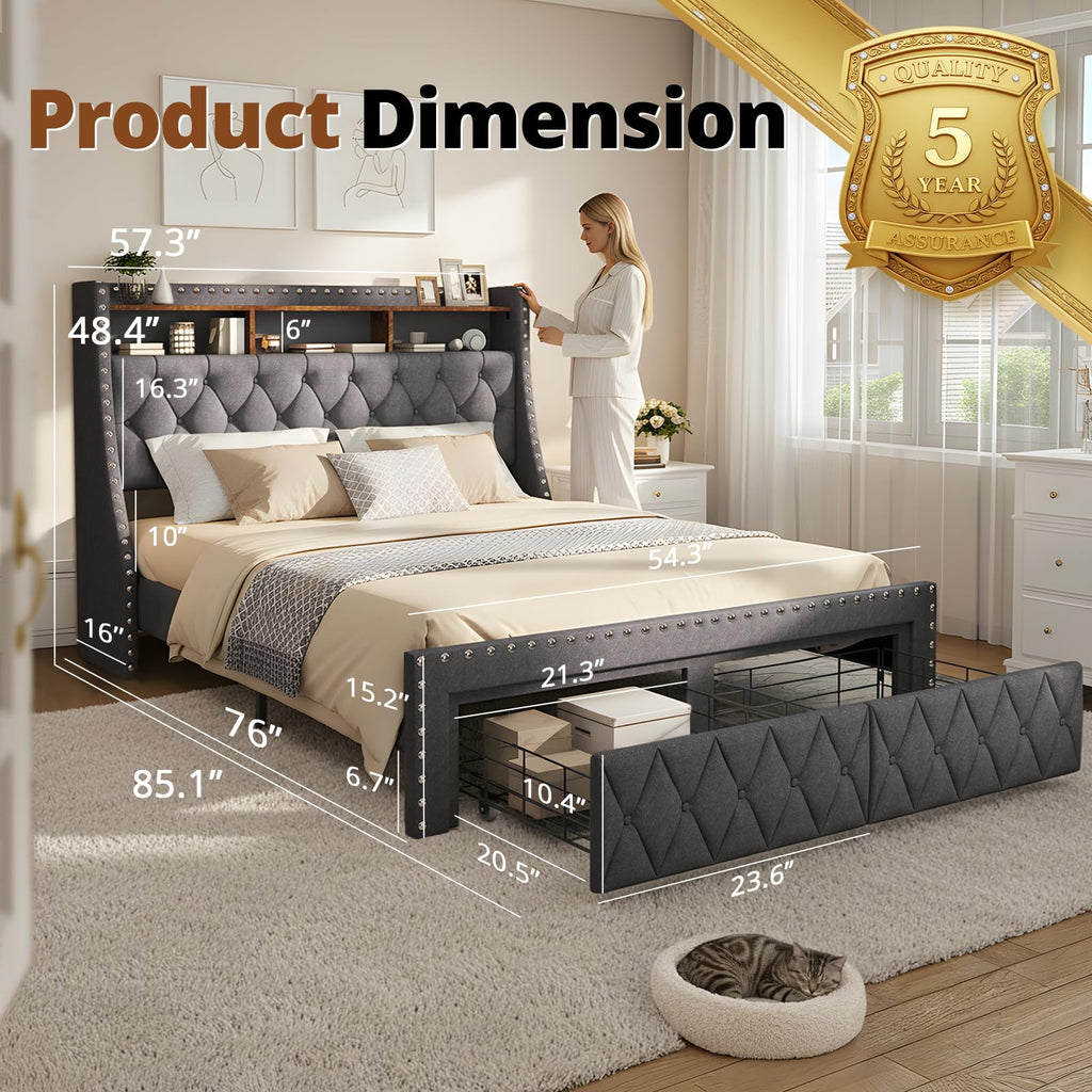 1000LBs Full Bed Frame with Hidden Storage, 2 Drawers and Charging Station E8283