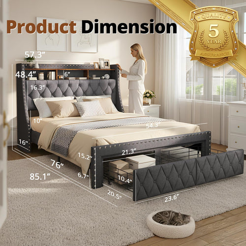 1000LBs Full Bed Frame with Hidden Storage, 2 Drawers and Charging Station E8283