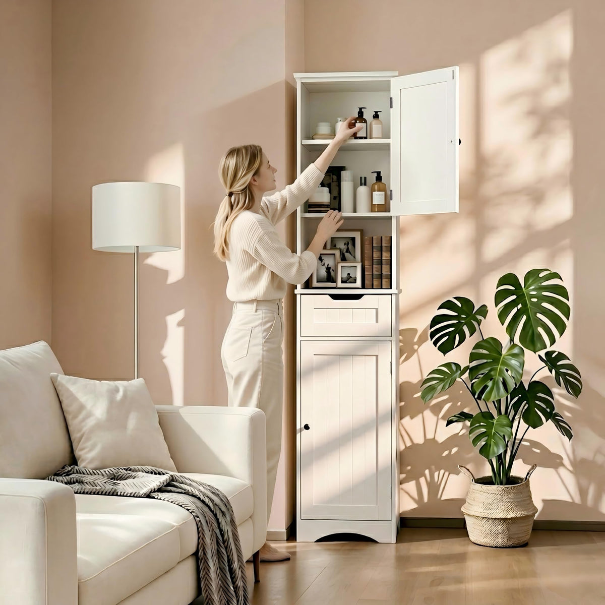67” H Tall White Bathroom Storage Cabinet G7440