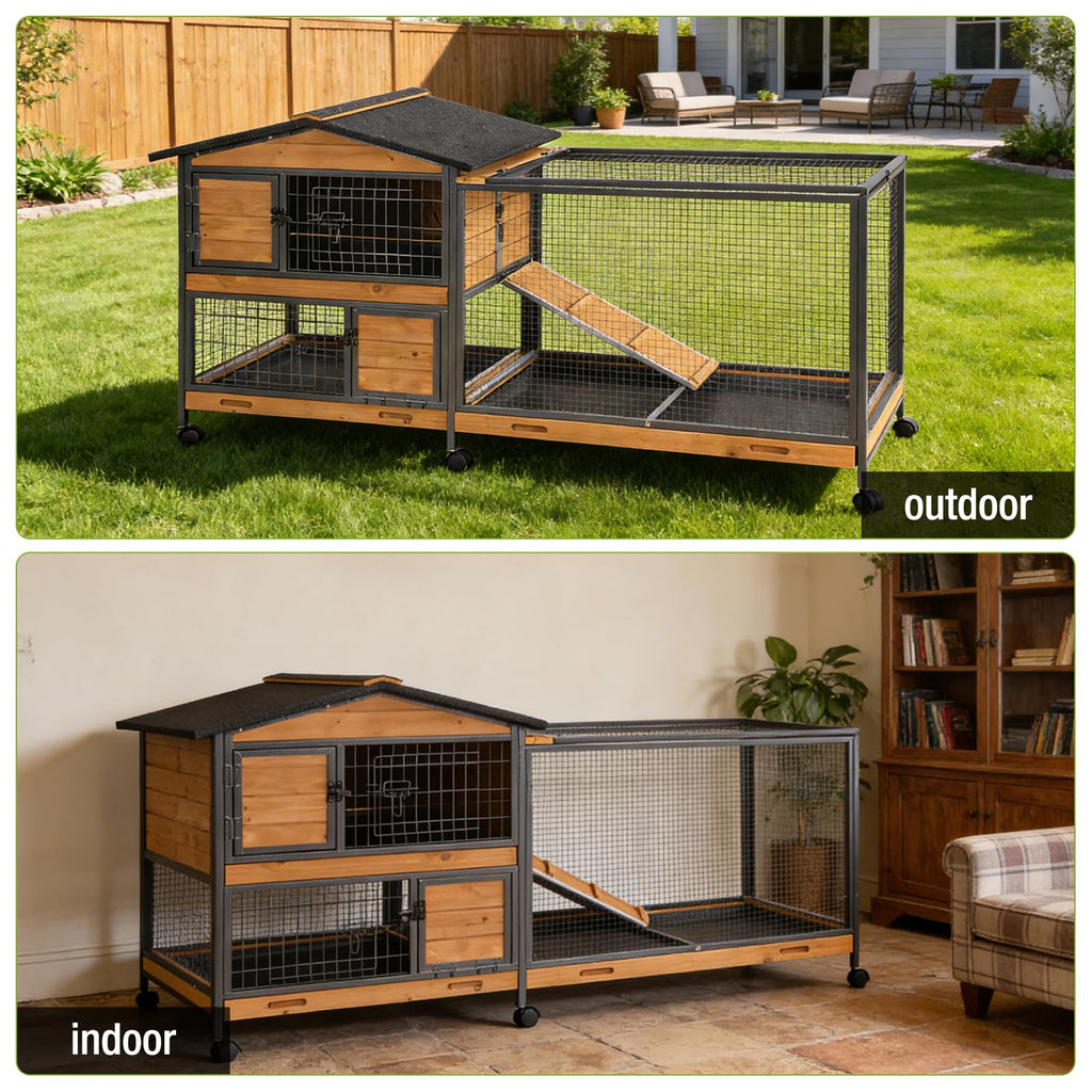 Wooden Rabbit Hutch with Wheels and Pull-Out Tray R72116