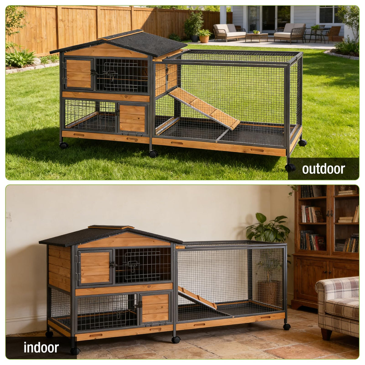 Wooden Rabbit Hutch with Wheels and Pull-Out Tray R72116