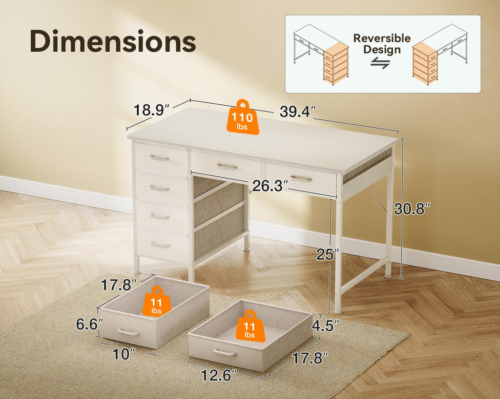White Computer Desk with 6 Drawers D111