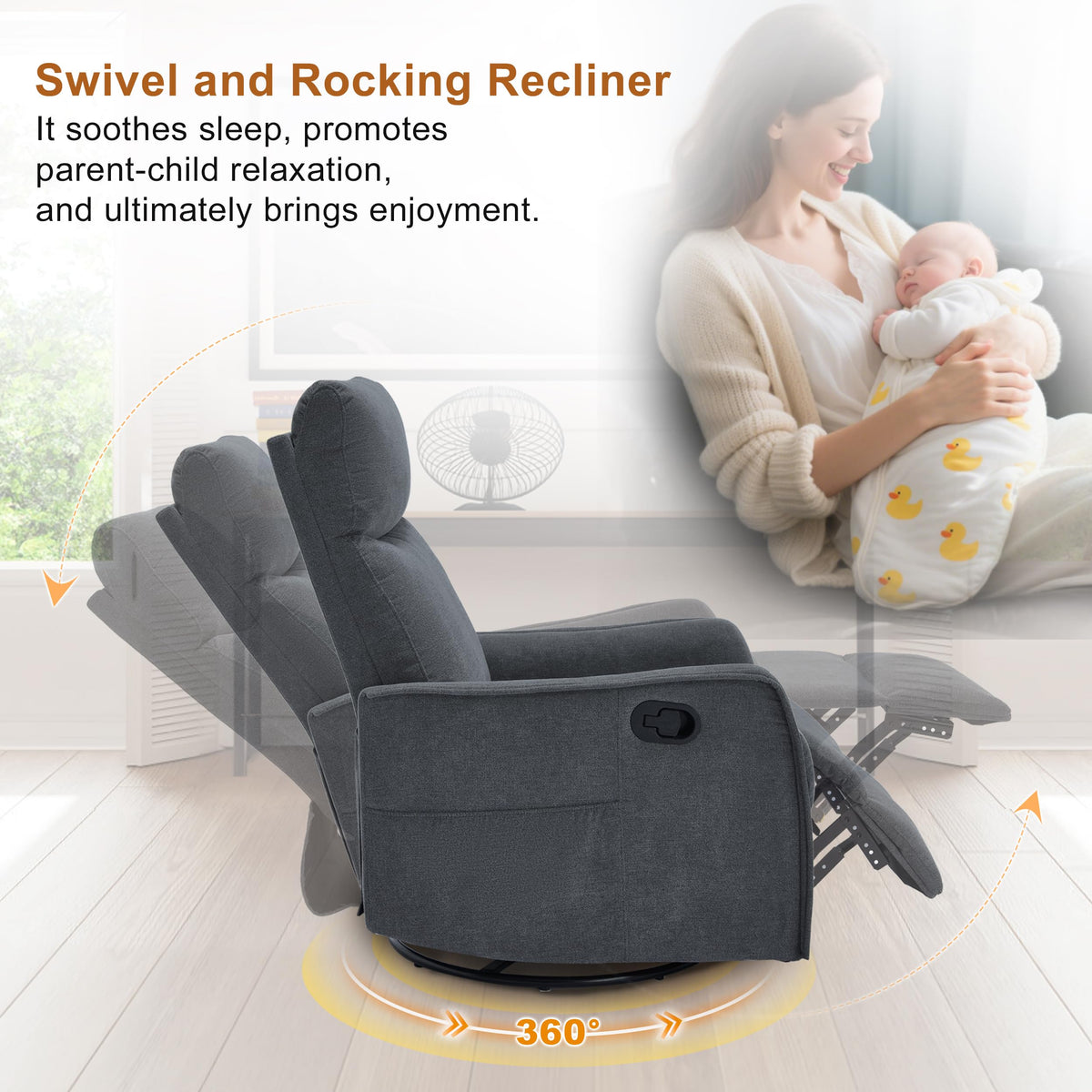 Dark Gray Swivel Rocker Recliner Chair with Vibration Massage and Heat C21664