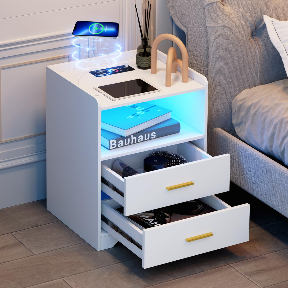White Nightstand with Charging Station J747537