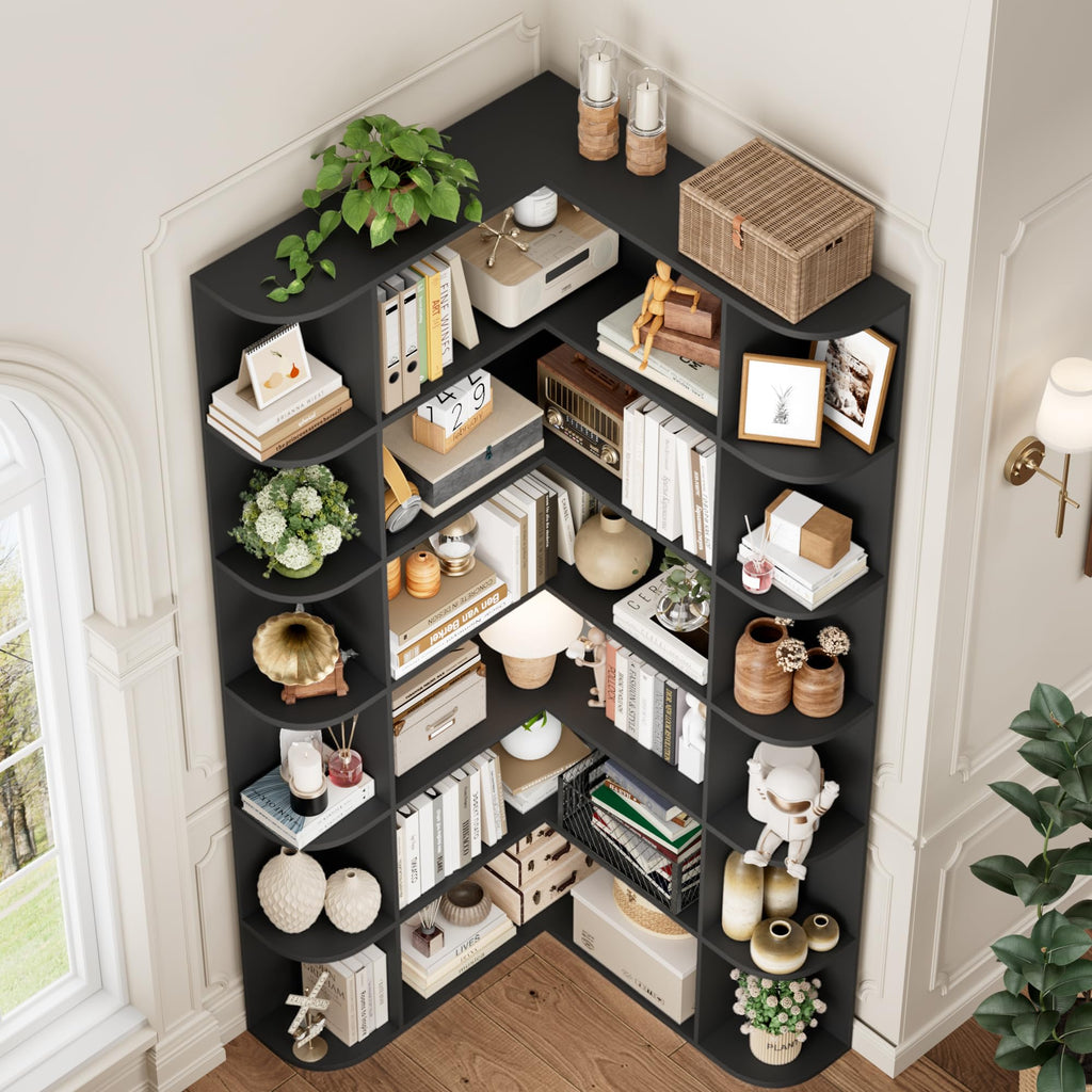 72" Tall 6-Tier Black Corner Bookshelf O3075
