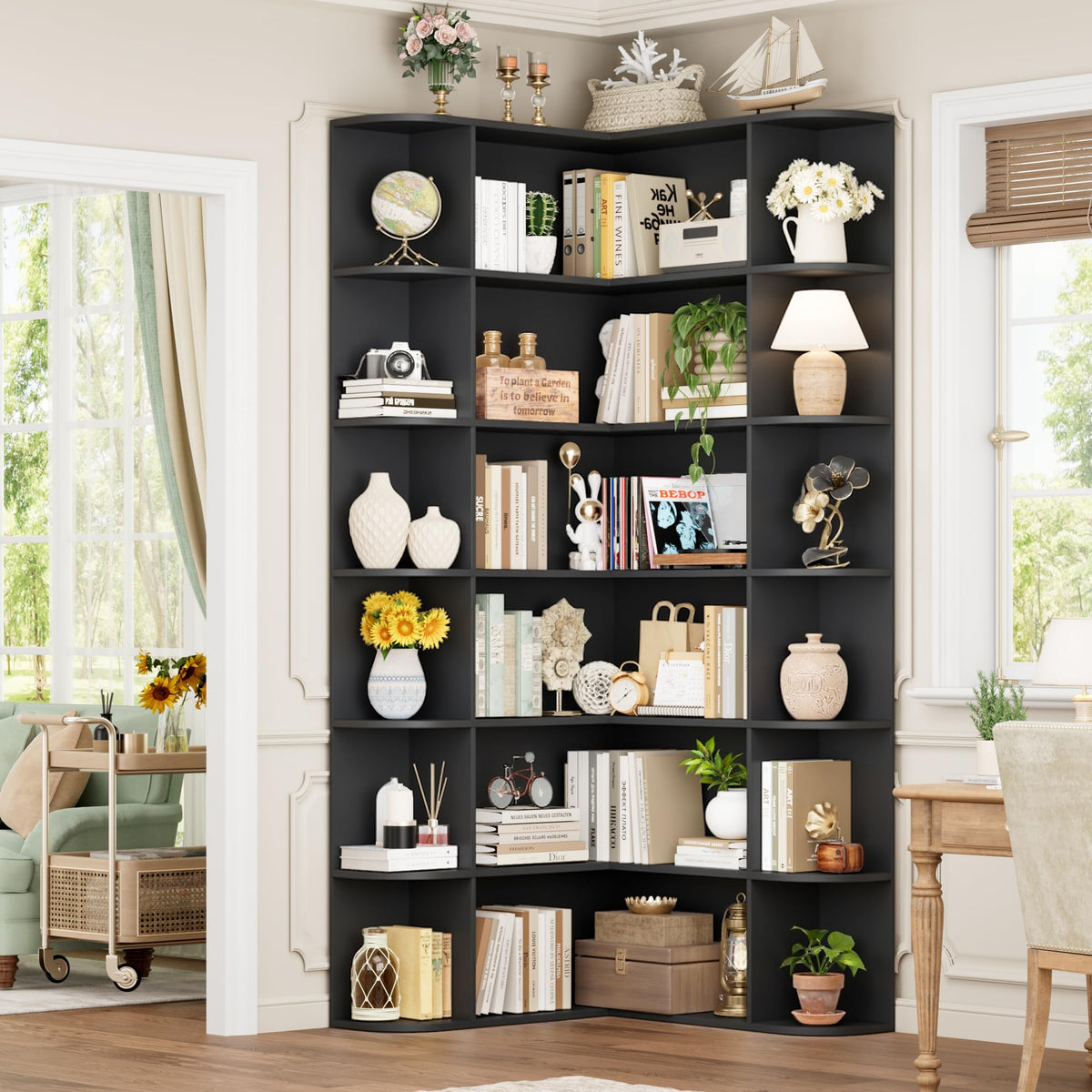 72" Tall 6-Tier Black Corner Bookshelf O3075