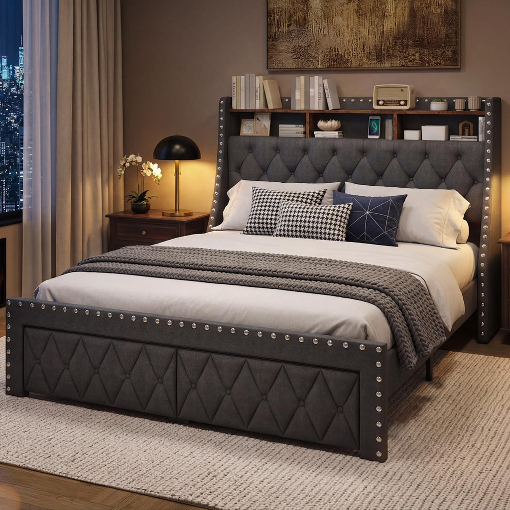 1000LBs Full Bed Frame with Hidden Storage, 2 Drawers and Charging Station E8283