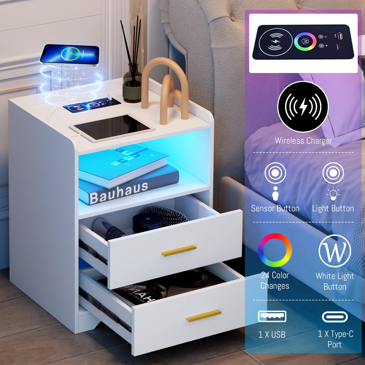 White Nightstand with Charging Station J747537