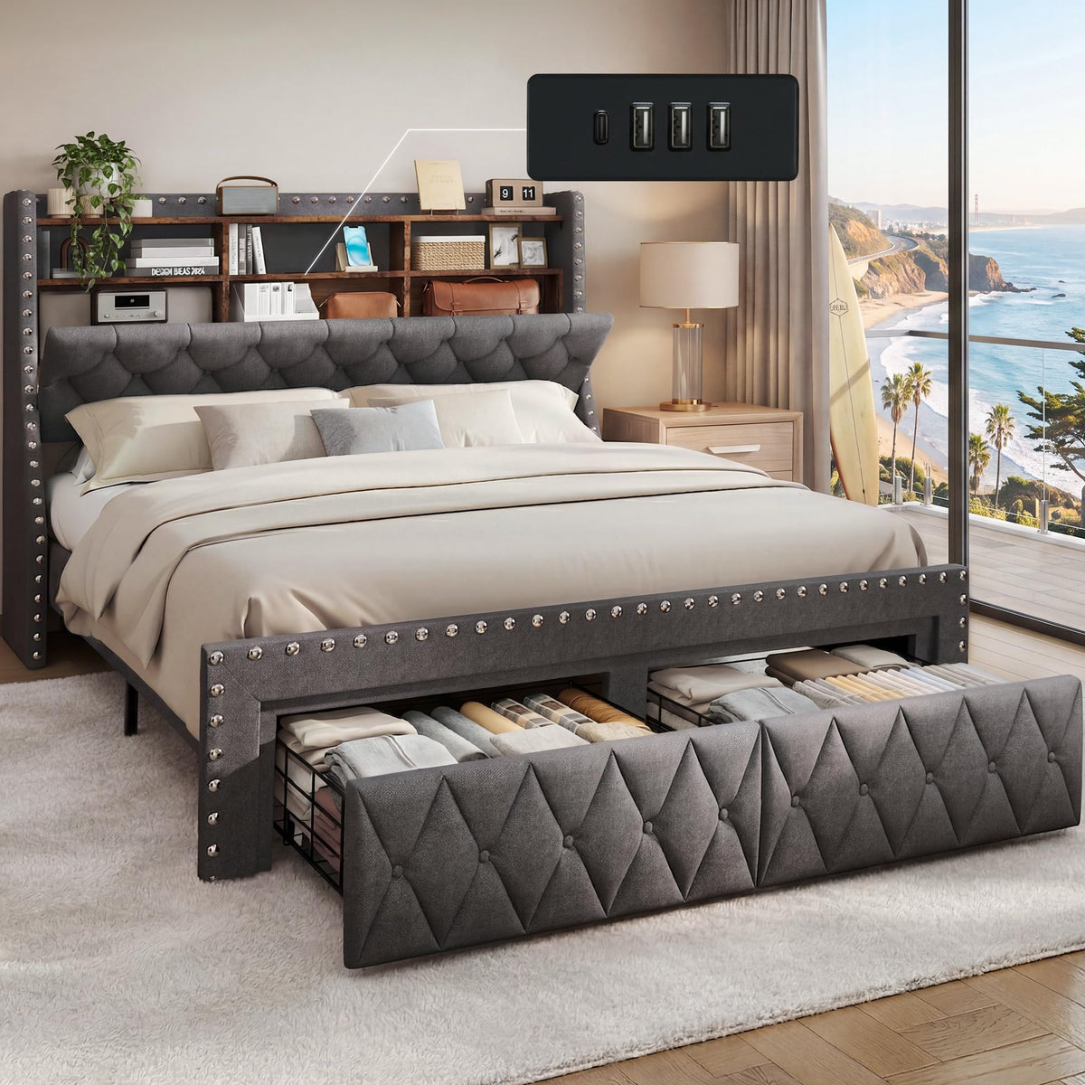 1000LBs Full Bed Frame with Hidden Storage, 2 Drawers and Charging Station E8283