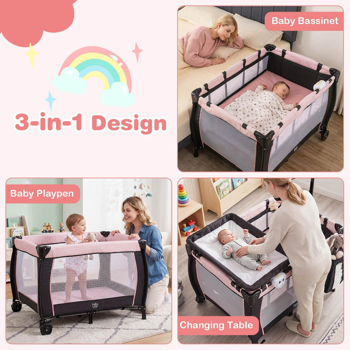 3 in 1 Pack and Play Portable Baby Playard with Bassinet B290544