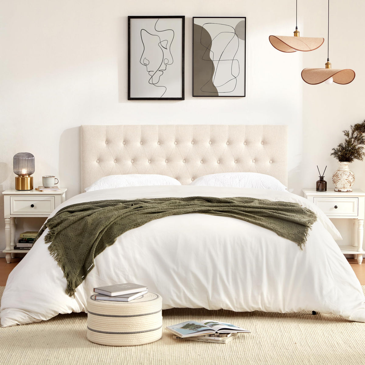 Beige Tufted Upholstered Queen Size Headboard J1765