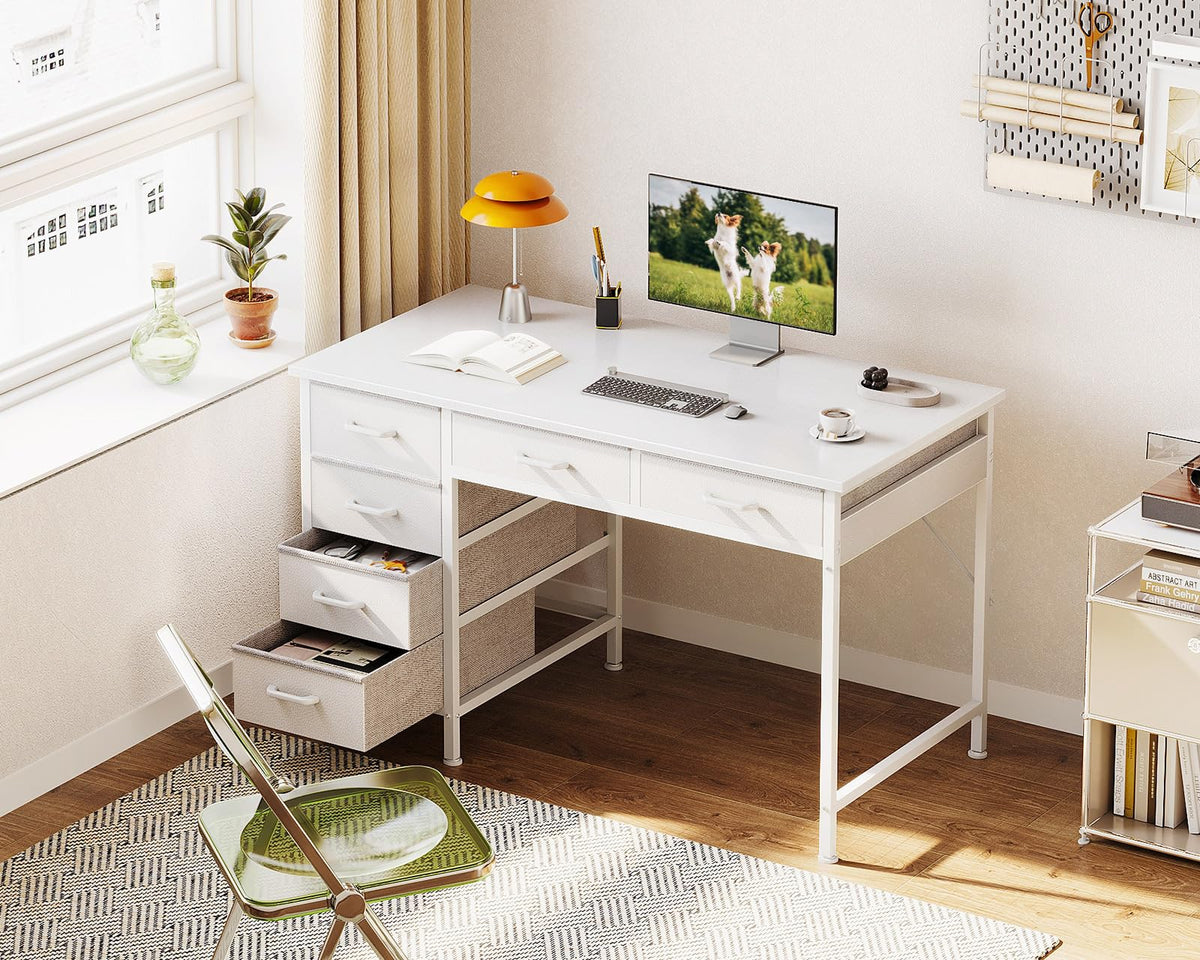 White Computer Desk with 6 Drawers D111