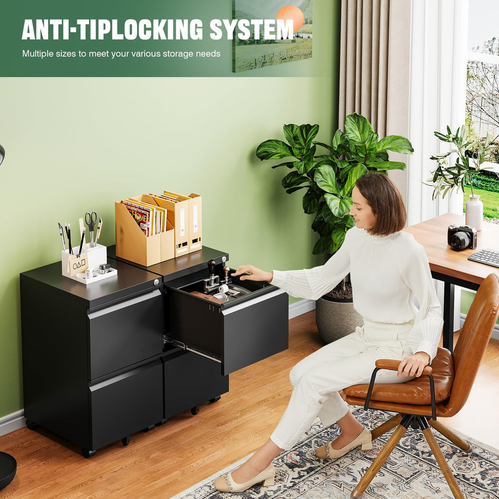 2 Drawer Black Metal Mobile File Cabinet with Lock E9862