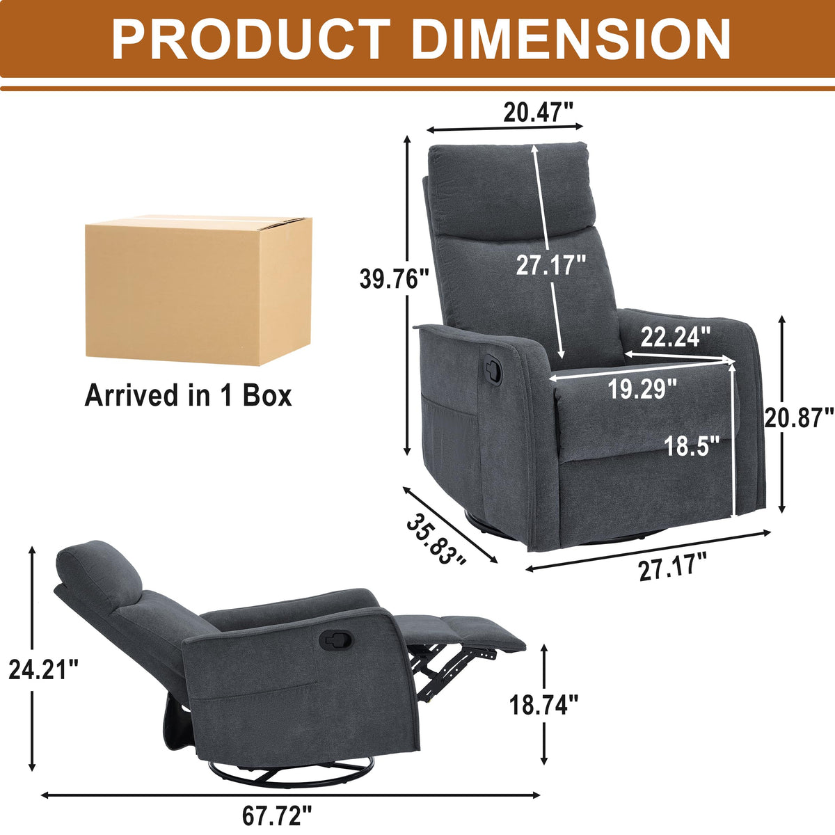 Dark Gray Swivel Rocker Recliner Chair with Vibration Massage and Heat C21664