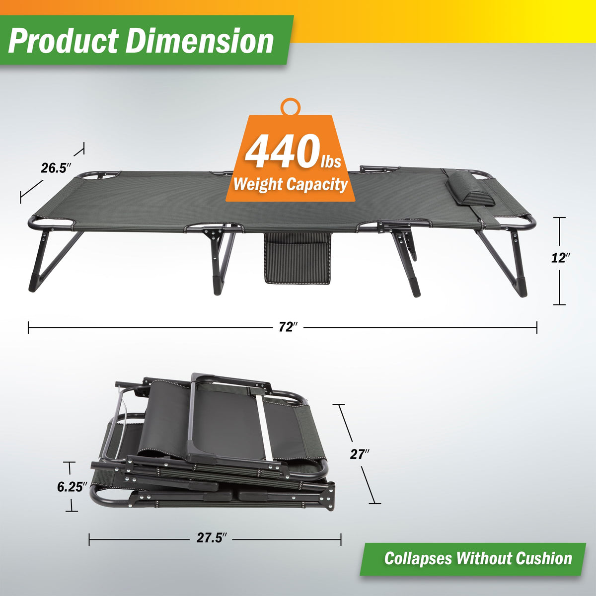 Folding Camping Cot with Mattress, Heavy Duty Foldable Bed with 3 Recline Positions, Gray M8491