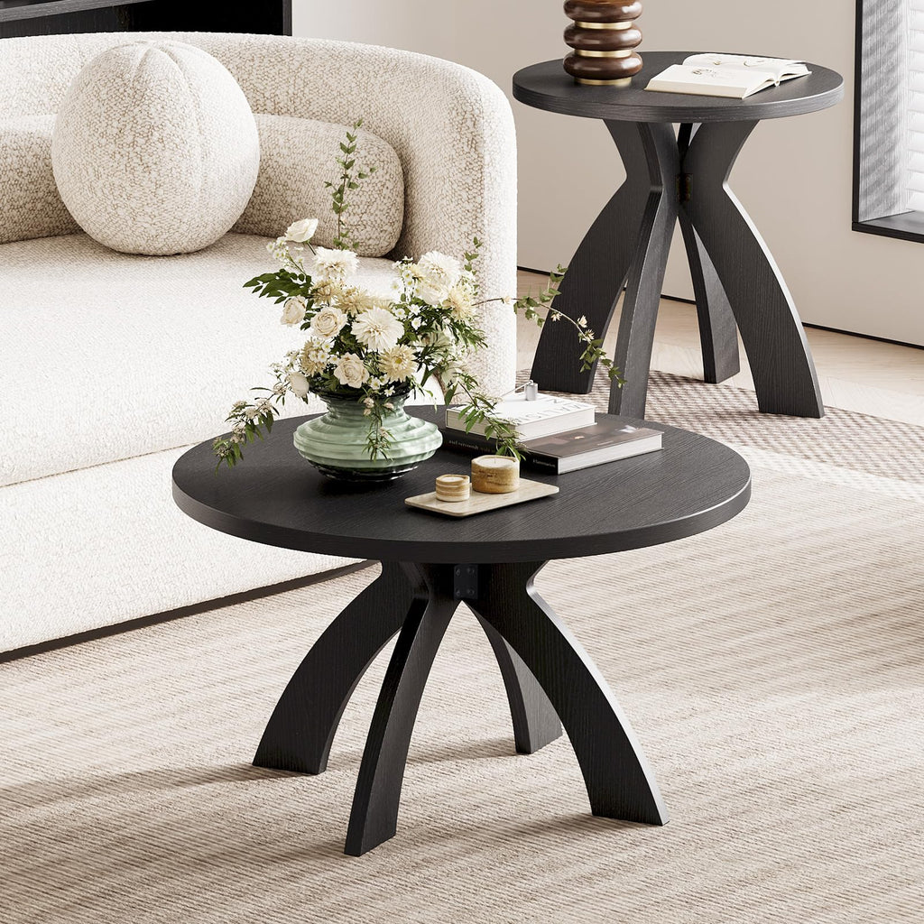 31.5" Round Wood Coffee Table with Cross Legs, Black B616257