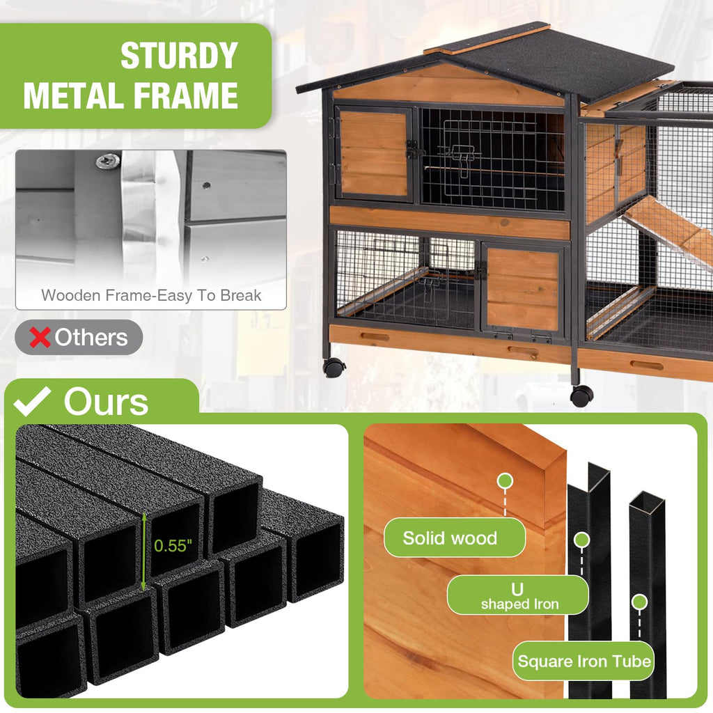Wooden Rabbit Hutch with Wheels and Pull-Out Tray R72116