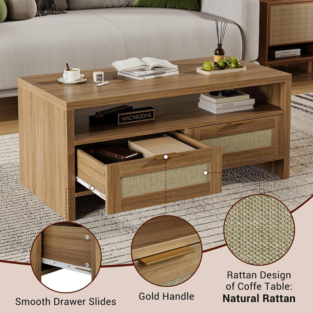 40” Boho Rattan Coffee Table with Storage E3383