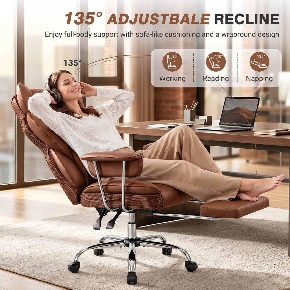 Big and Tall Leather Office Chair with Footrest I56948