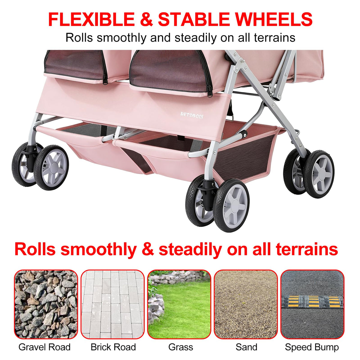 Double Pet Stroller for 2 Small Dogs & Cats, Side-by-Side Twin Travel Carriage with Safety Leashes, Mesh Windows & Double Storage Baskets, Lightweight & Foldable, 44lbs Capacity, Pink G657135