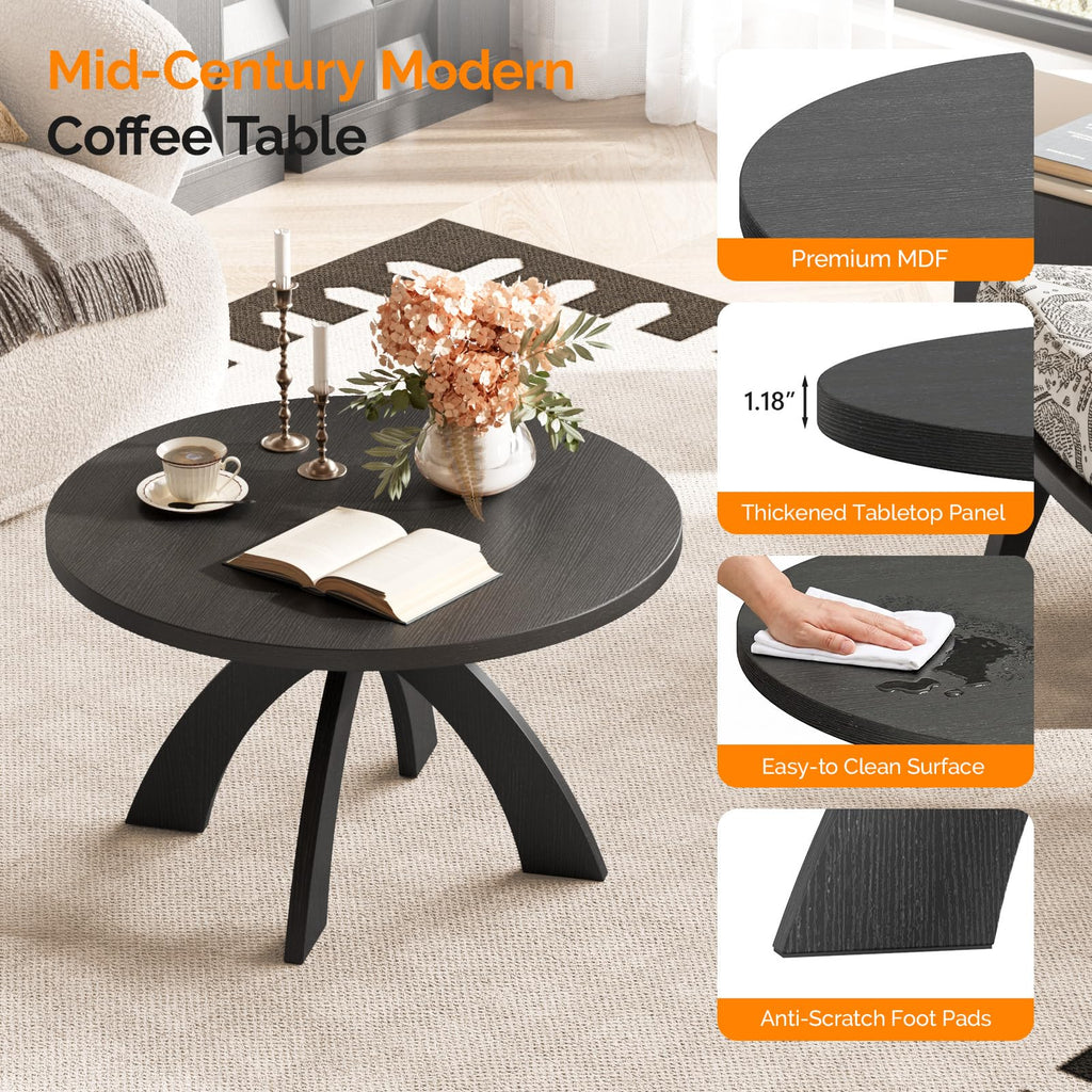 31.5" Round Wood Coffee Table with Cross Legs, Black B616257