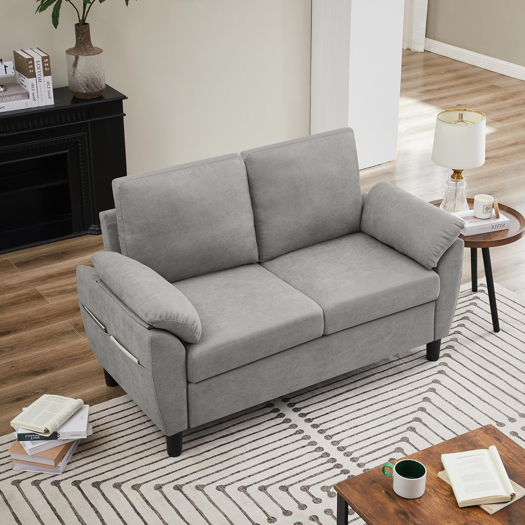 Light Grey Linen Loveseat Sofa with Side Pocket W638591