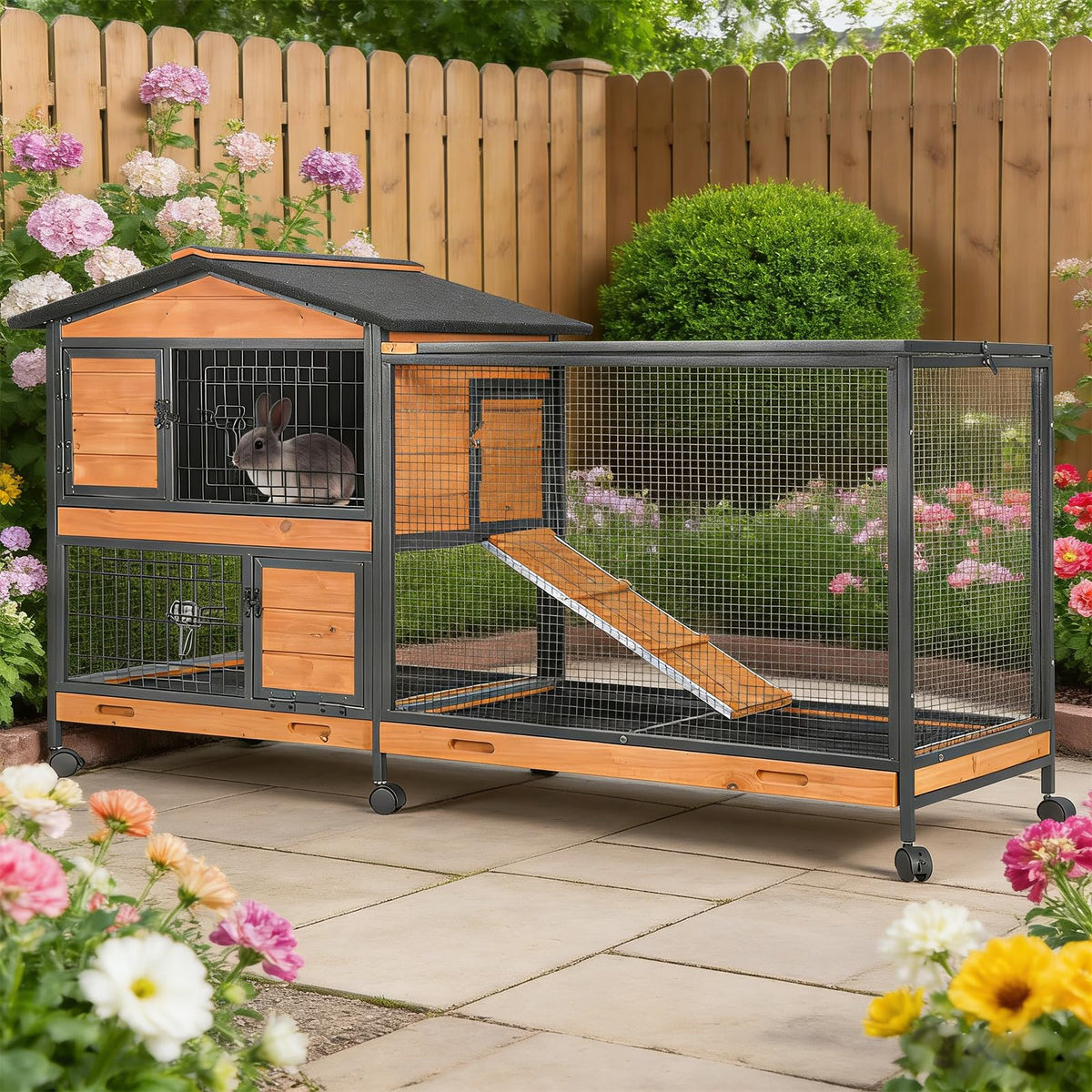 Wooden Rabbit Hutch with Wheels and Pull-Out Tray R72116
