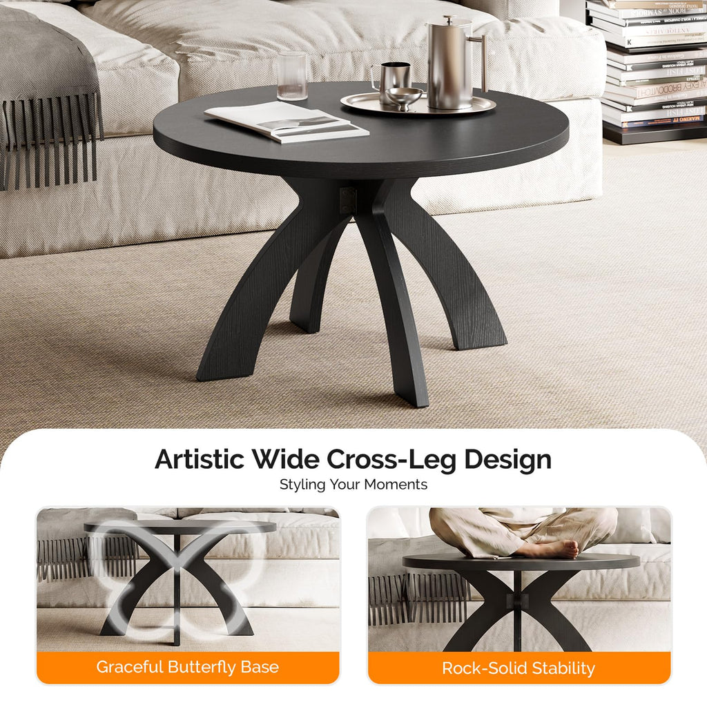 31.5" Round Wood Coffee Table with Cross Legs, Black B616257