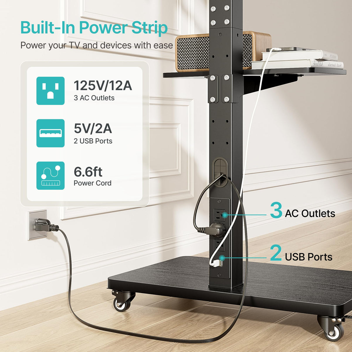 Rolling TV Stand with Power Outlet for 32-75 Inch TVs U2577