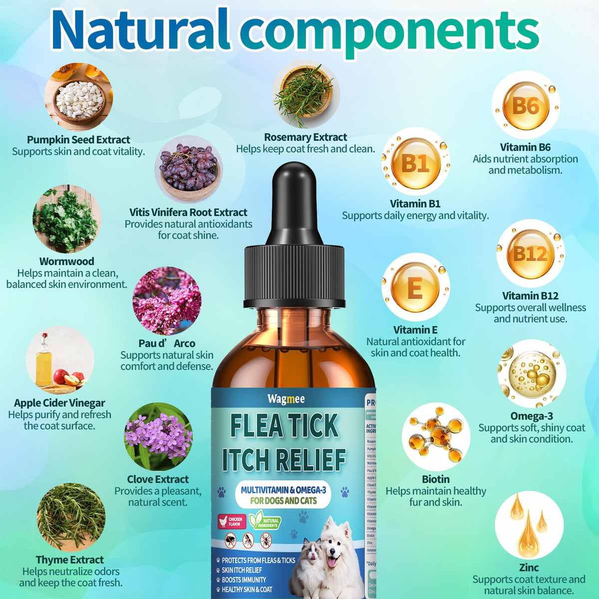 Natural Oral Flea and Tick Drops with Multivitamin for Pets Z151045