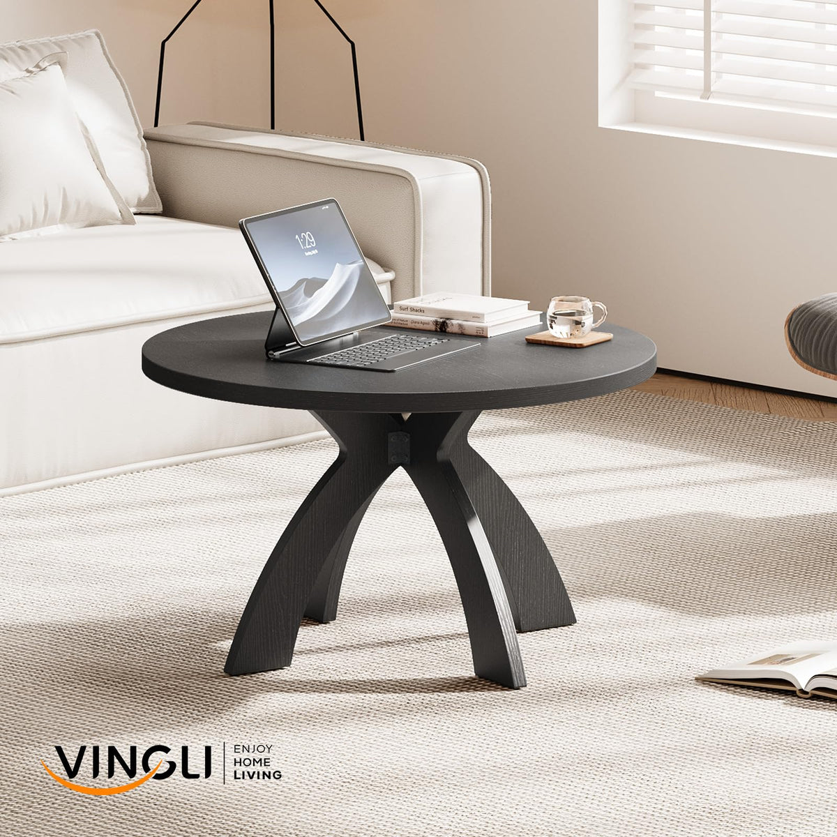 31.5" Round Wood Coffee Table with Cross Legs, Black B616257