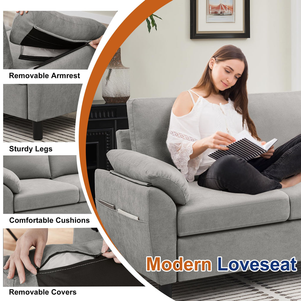 Light Grey Linen Loveseat Sofa with Side Pocket W638591