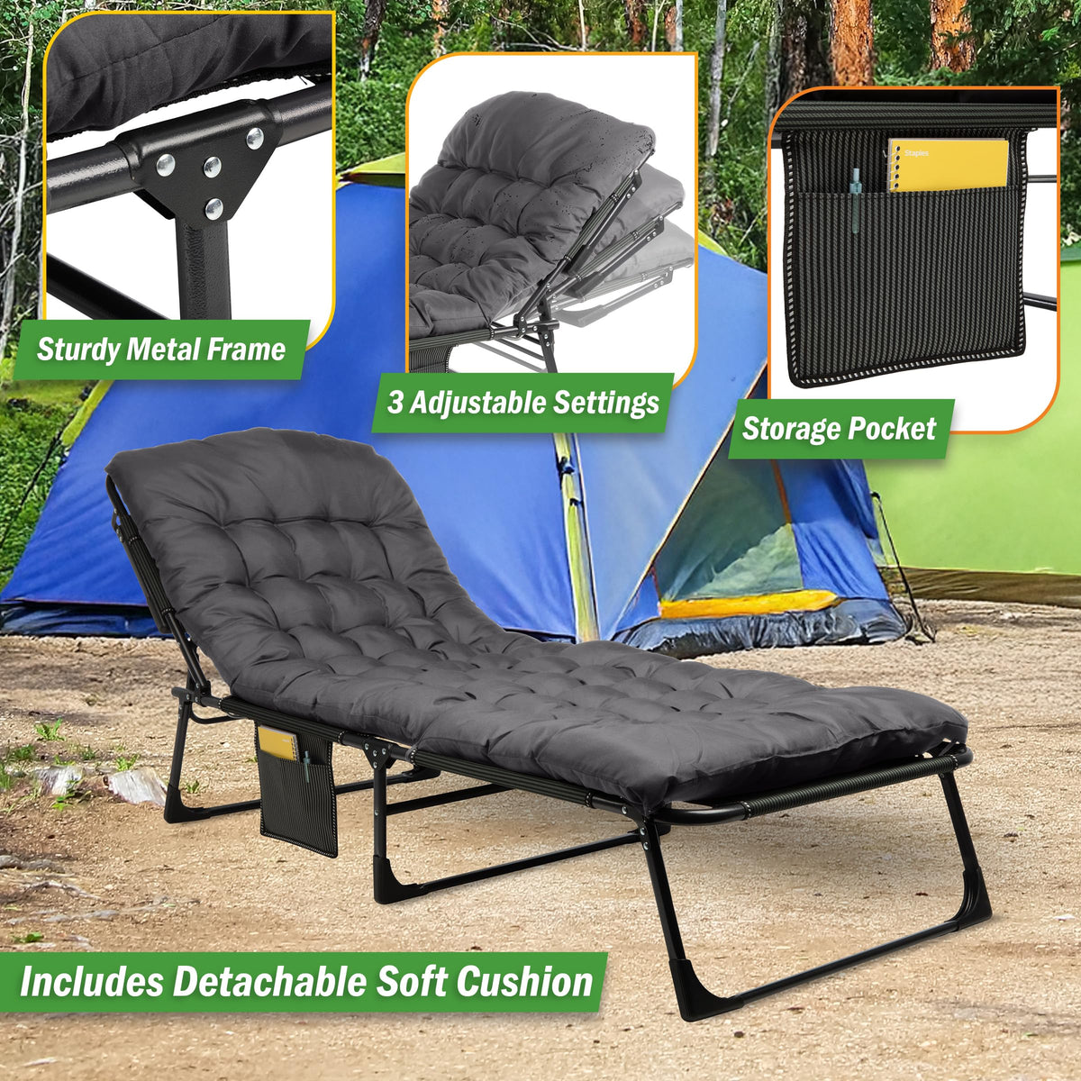 Folding Camping Cot with Mattress, Heavy Duty Foldable Bed with 3 Recline Positions, Gray M8491