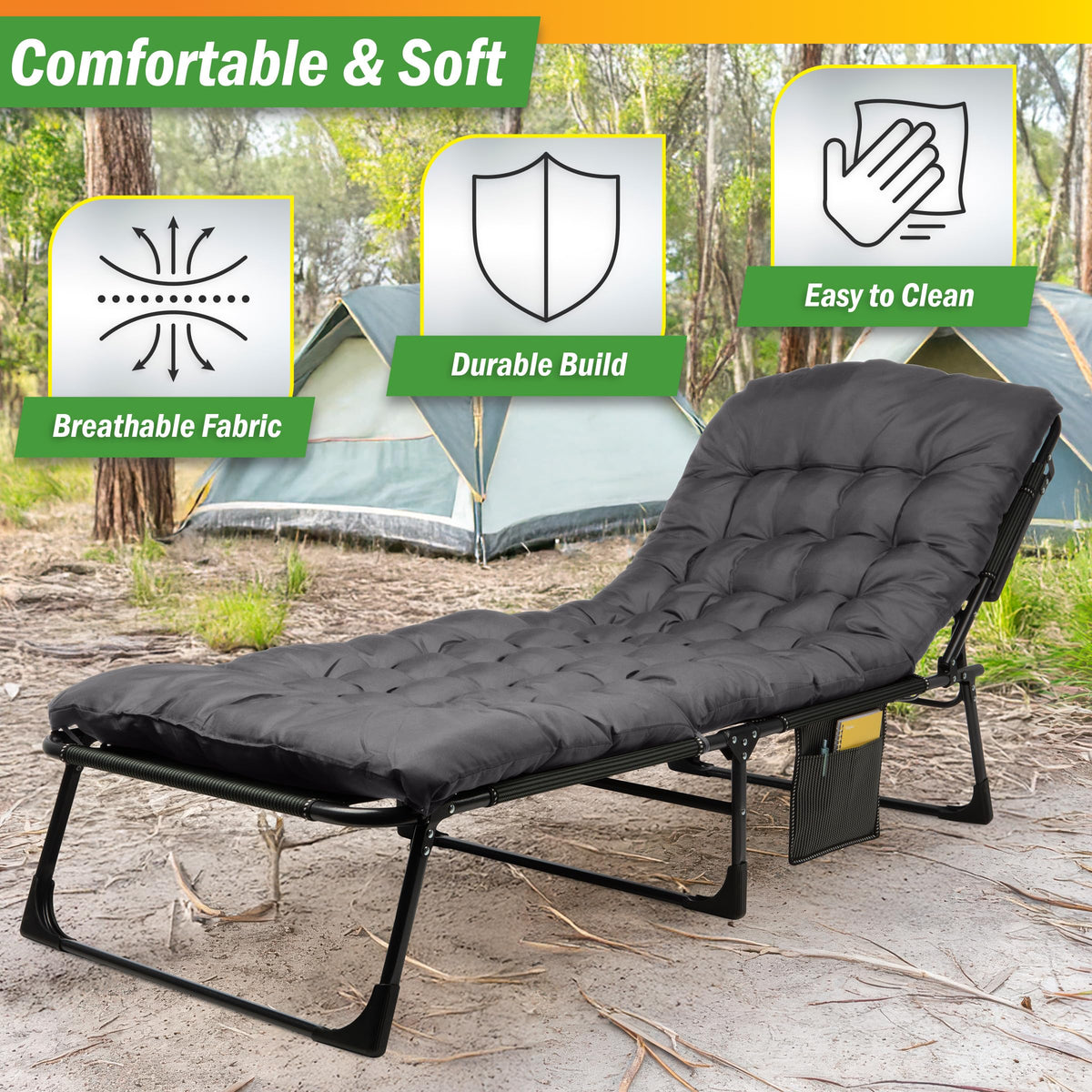 Folding Camping Cot with Mattress, Heavy Duty Foldable Bed with 3 Recline Positions, Gray M8491