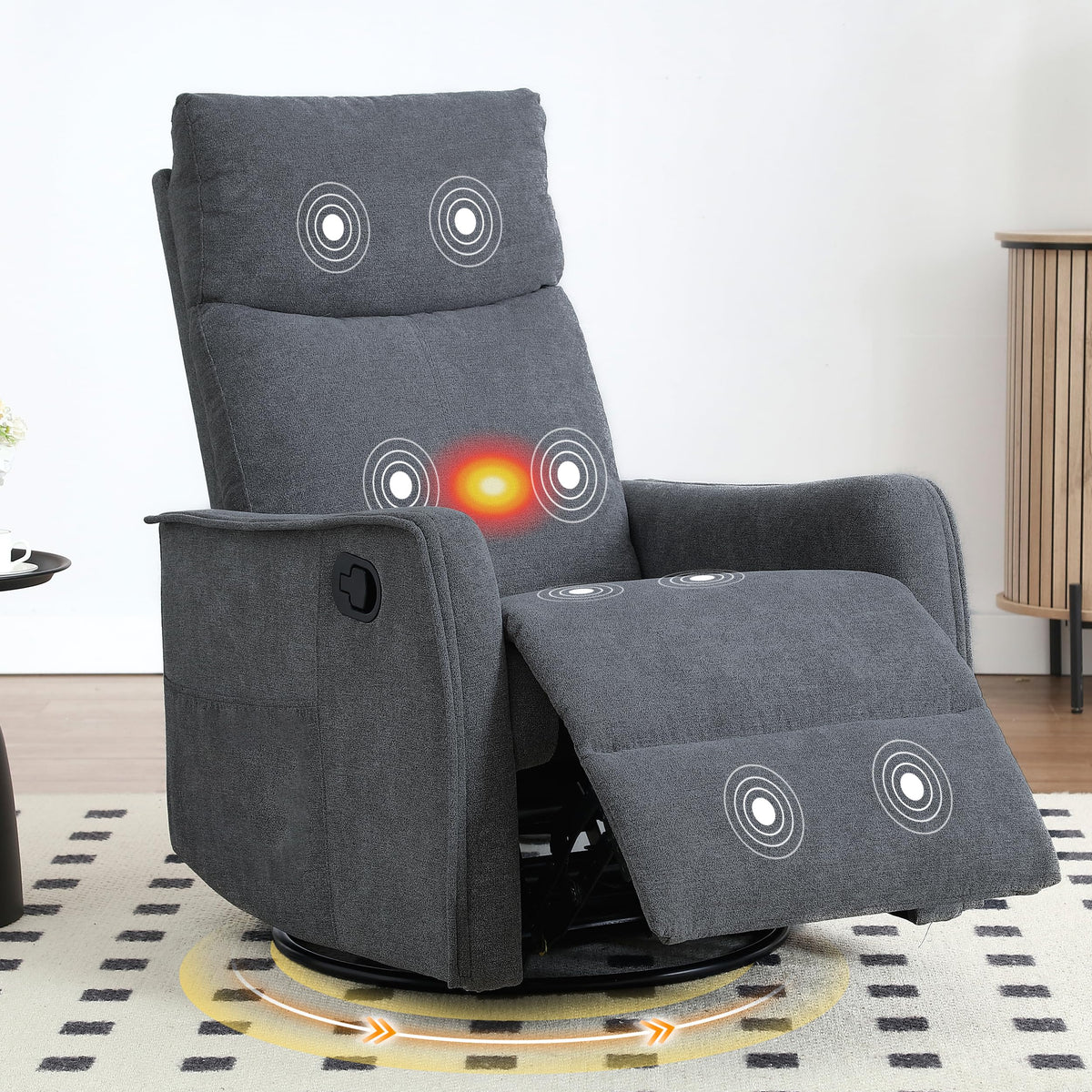 Dark Gray Swivel Rocker Recliner Chair with Vibration Massage and Heat C21664
