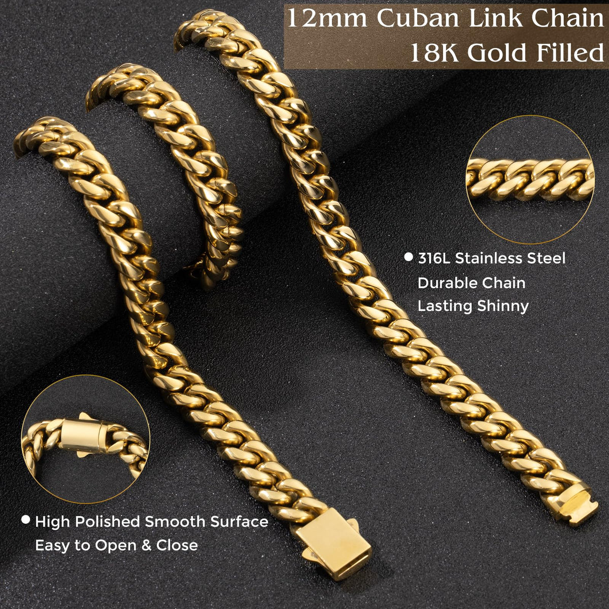 Gold Cuban Link Chain 316L Stainless Steel Necklace 20/22/24 Inches R866942